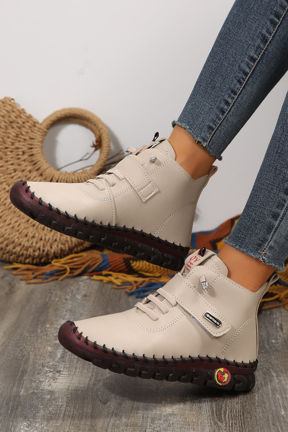 Snow White PU Leather Lace Up Slip On Ankle Boots
