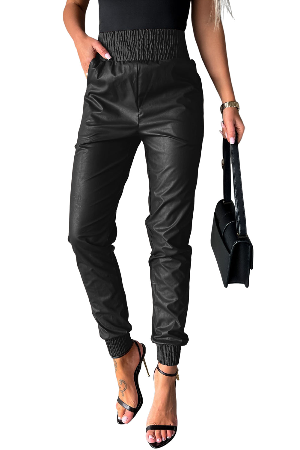 Brown Smocked High Waist Leather Skinny Pants