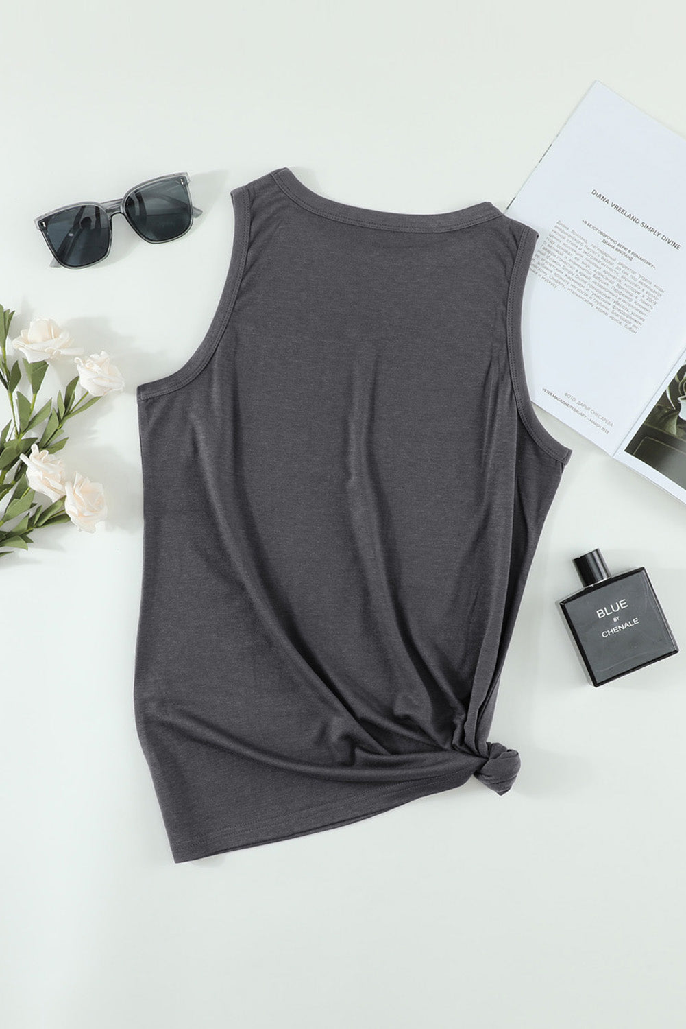 Dark Gray Letter Print Sleeveless Crew Neck Tank Top