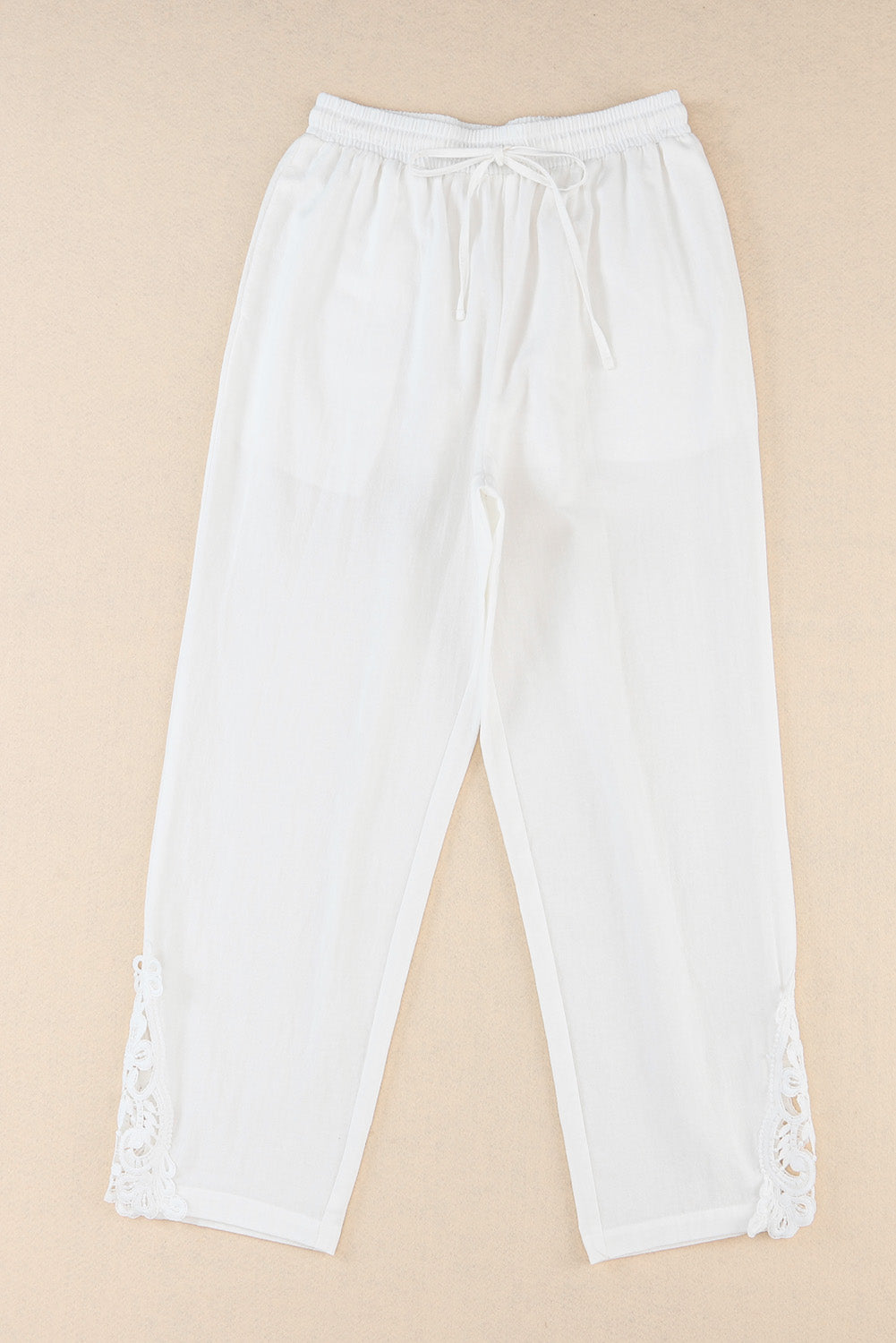 White Lace Splicing Drawstring Linen Pants