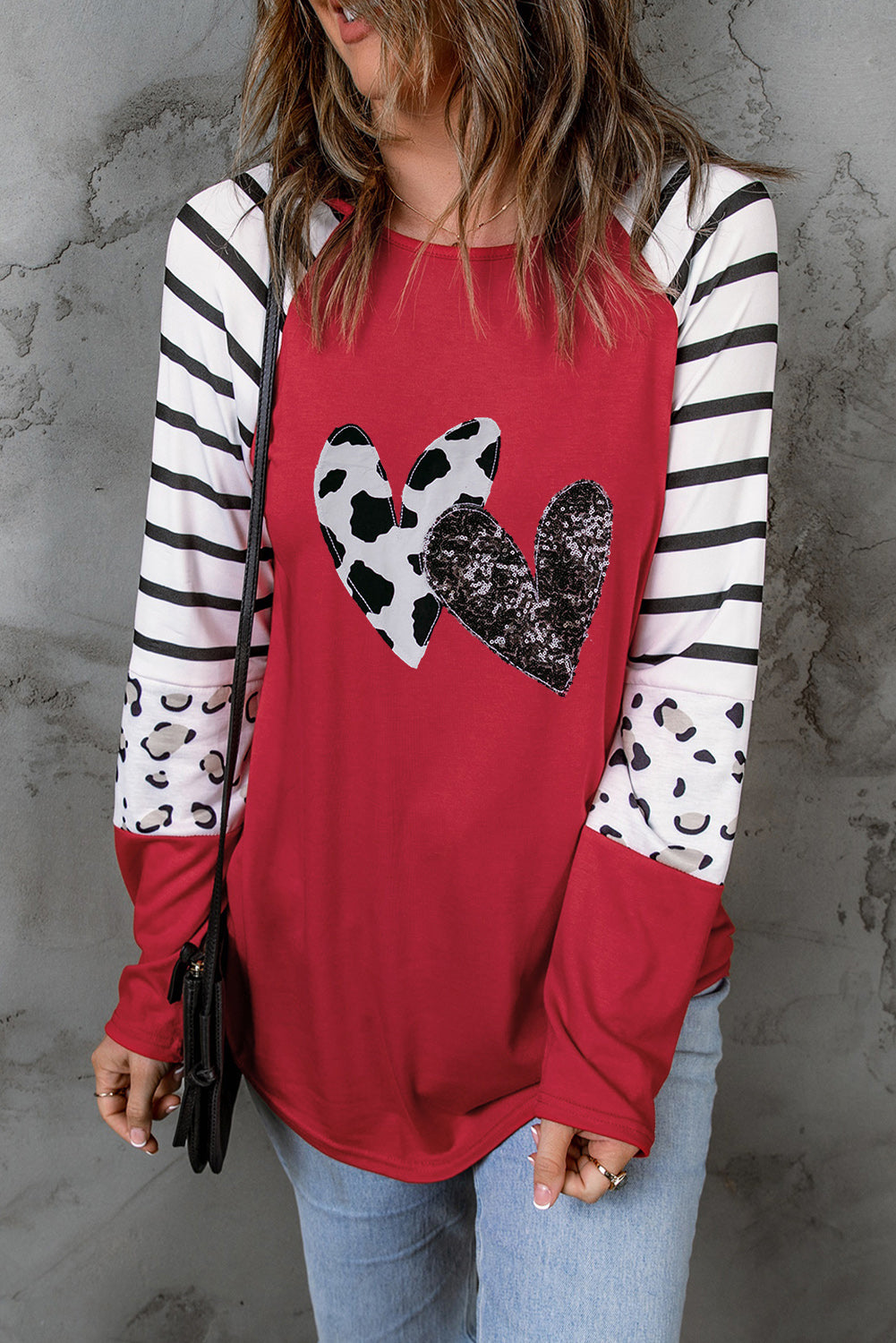 Red Double Heart Patch Contrast Graphic Long Sleeve Top