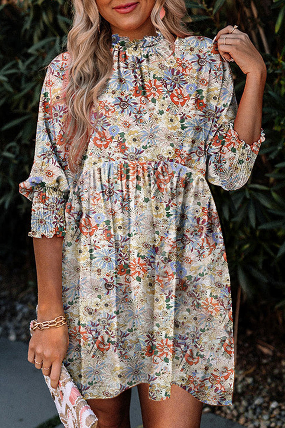 Floral Boho Frilled Neck Shirred Cuffs Mini Dress