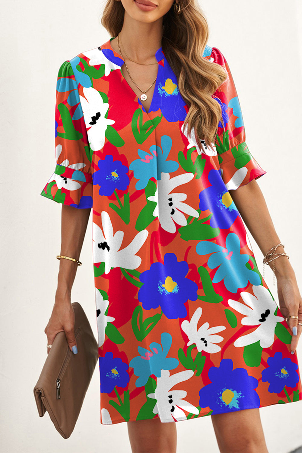 Multicolor Floral Print Casual V Neck Blouse