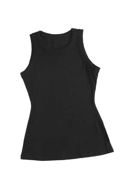 Solid Black Round Neck Ribbed Tank Top