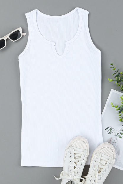 Basic Split Neck Ribbed Knit Tank Top