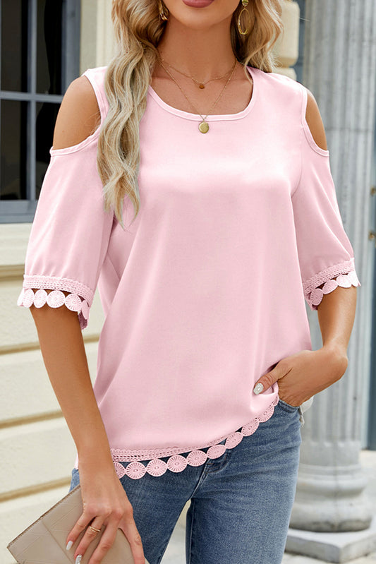 Pink Cold Shoulder Round Neck Lace Patchwork Loose Top