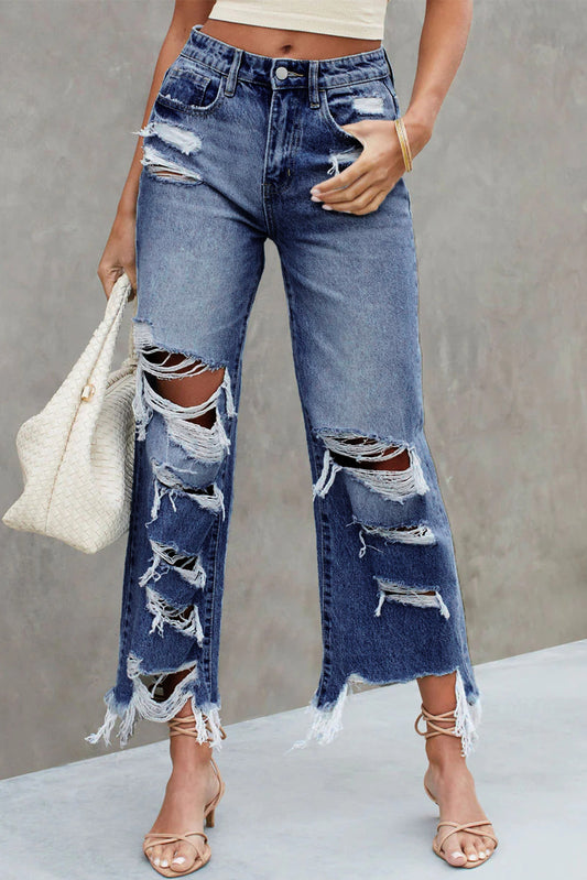 Blue Destroyed Raw Hem Wide Leg Jeans