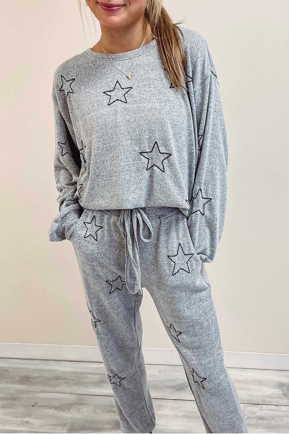 Gray Stars Print Long Sleeve Top and Drawstring Pants Set