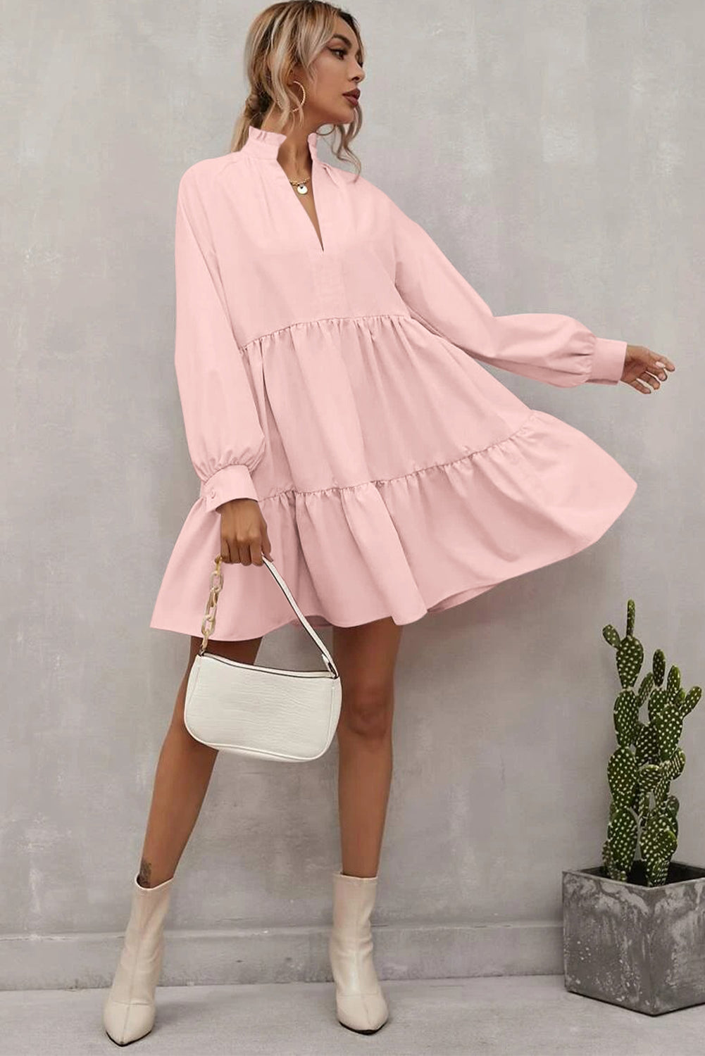 Elegant Stand V Neck Short Frill Dress