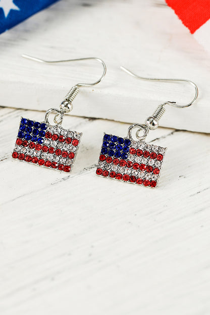 Fiery Red Rhinestone USA Flag Squared Drop Earrings