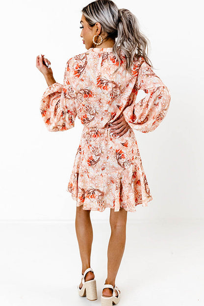 Floral Print Bubble Sleeve Cinched Waist Dress