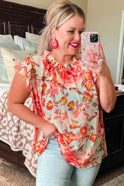 Plus Size Watercolor Floral Print Frill Neck Blouse