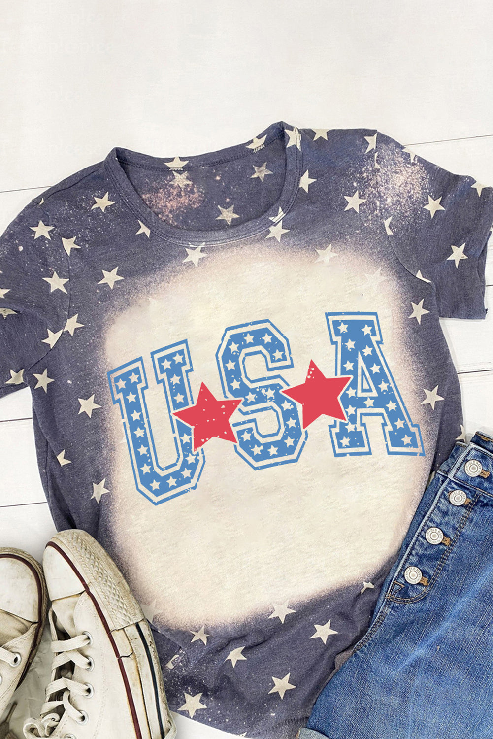 Blue USA Stars Graphic Tie Dye Crew Neck T Shirt