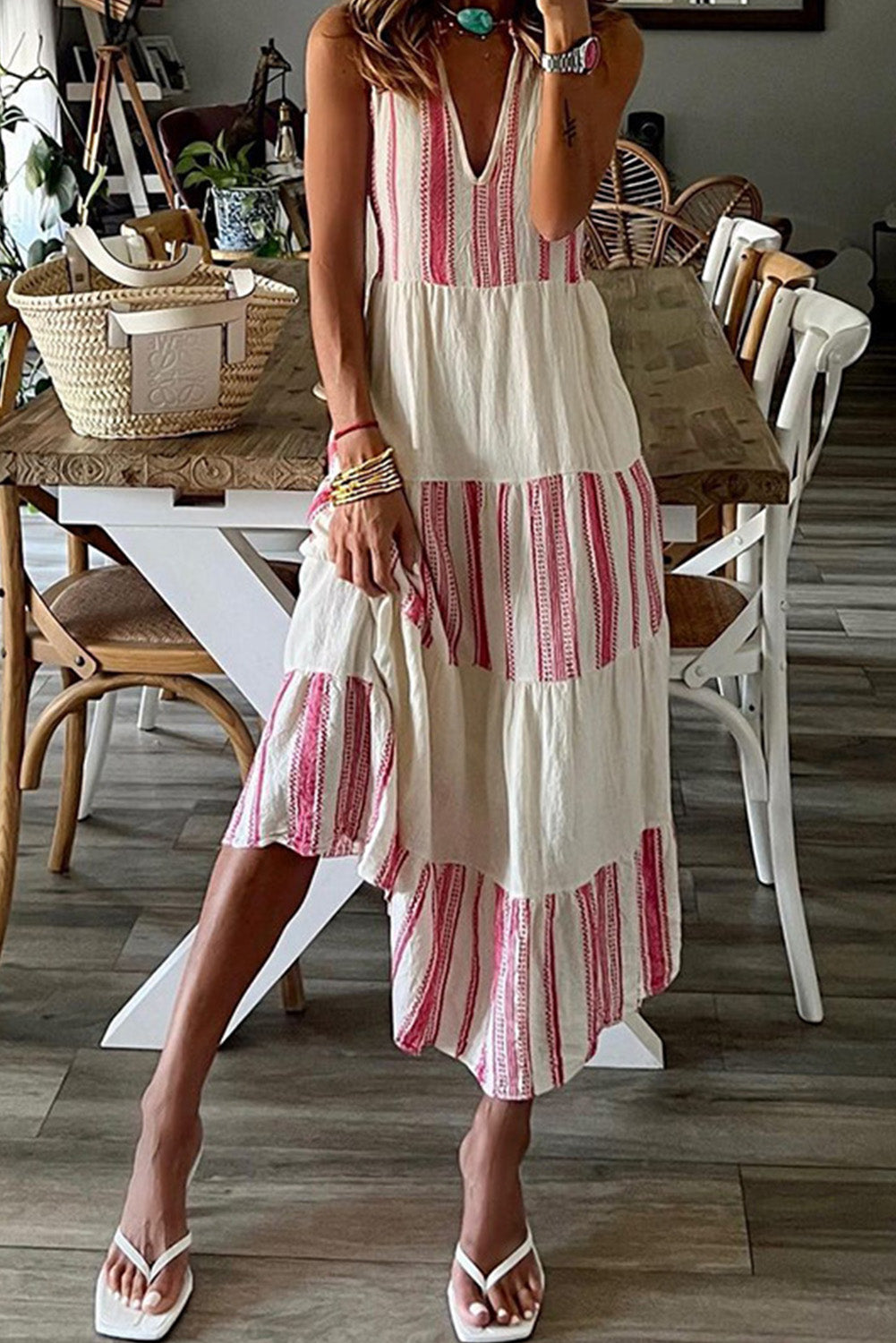 Bright White Striped Colorblock Deep V Maxi Tank Dress