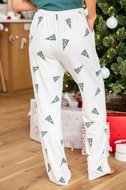 Green Christmas Tree Print Tee & White Pants Loungewear Set