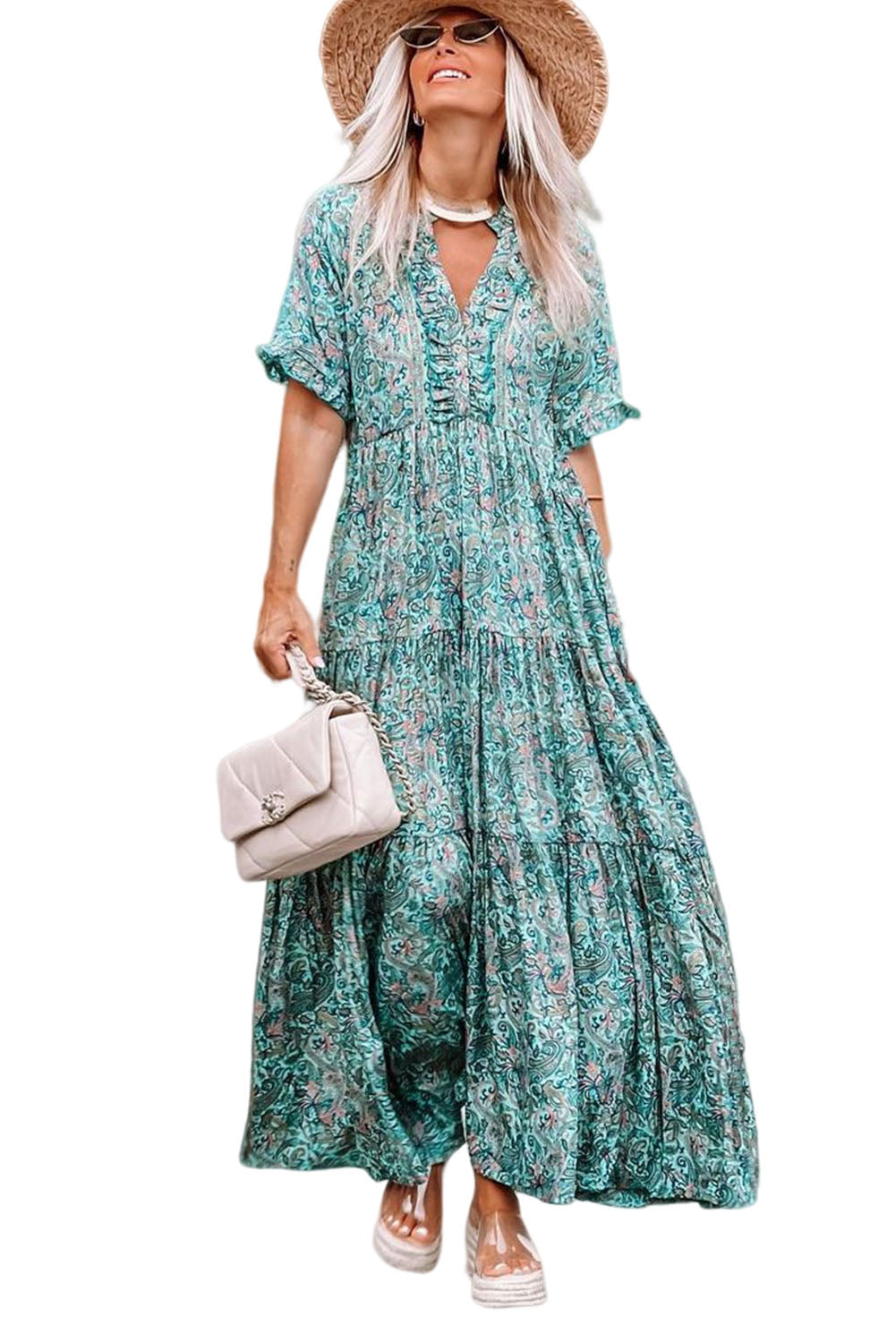 Paisley Print Split V Neck Tiered Boho Maxi Dress