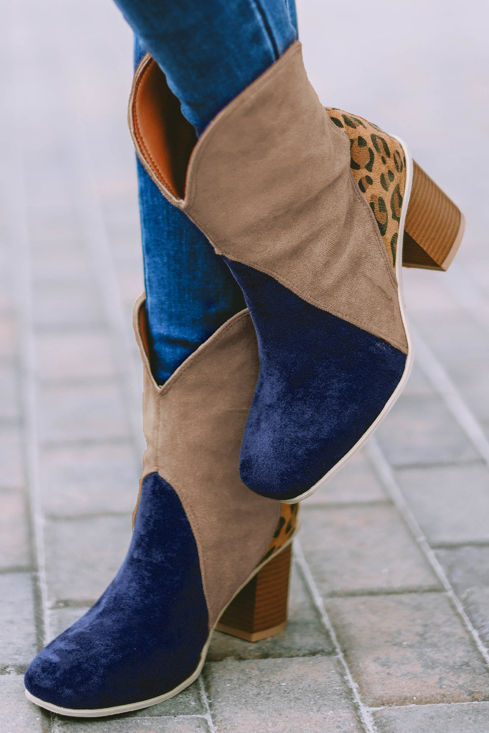 Leopard Print Patchwork Chunky Block Heel Boots