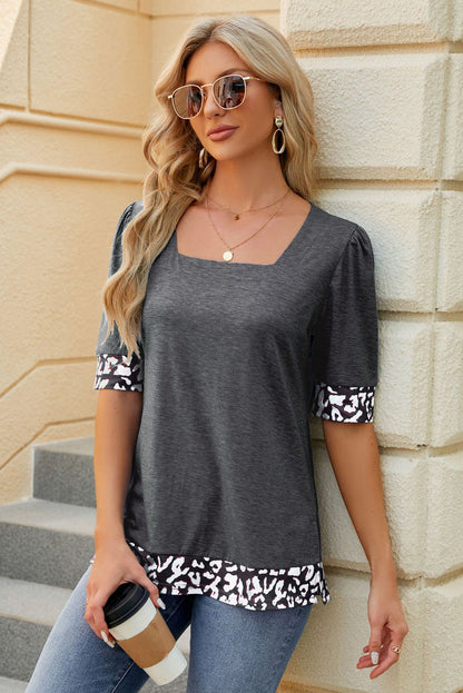 Carbon Grey Square Neck Leopard Print Patchwork Top