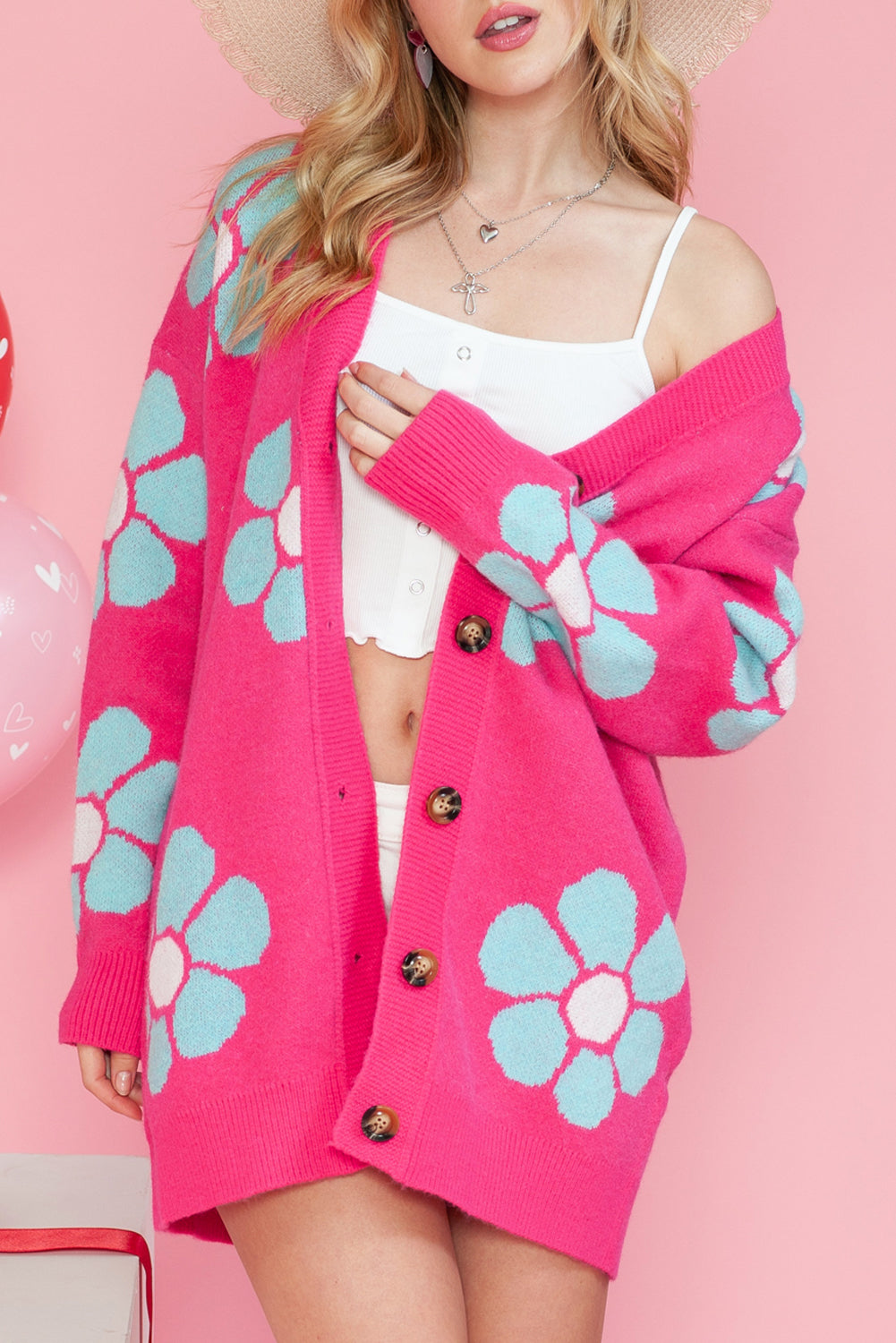 Pink Floral Pattern Drop Shoulder Button Up Cardigan