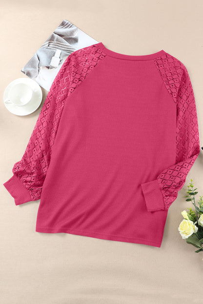 Red Plus Size Contrast Lace Sleeve Waffle Knit Top