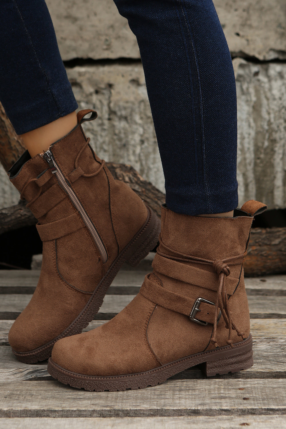 Brown Faux Suede Zip Up Buckle Straps Ankle Boots