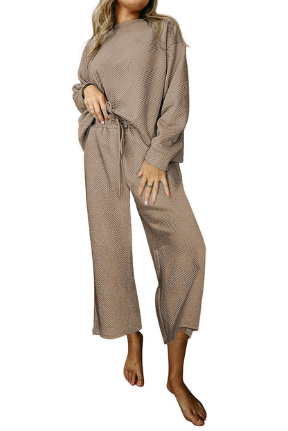 White Textured Loose Slouchy Long Sleeve Top and Pants Set