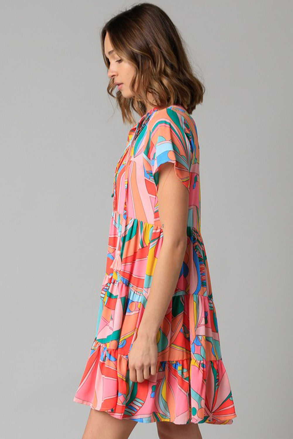 Multicolor Abstract Print Split V Neck Short Sleeve Tiered Dress