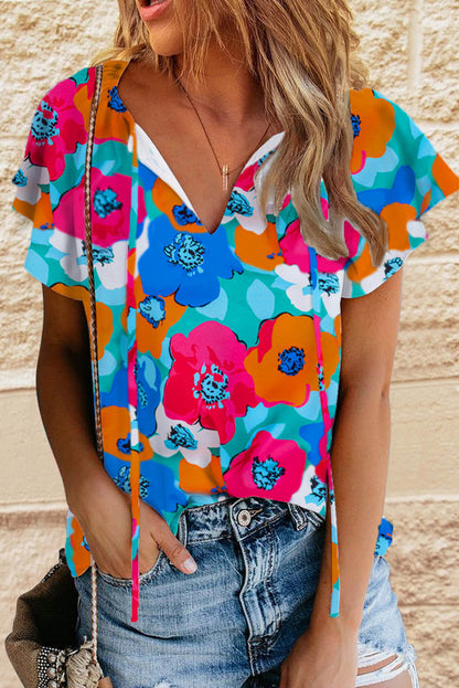 Multicolor Floral Print Casual V Neck Blouse