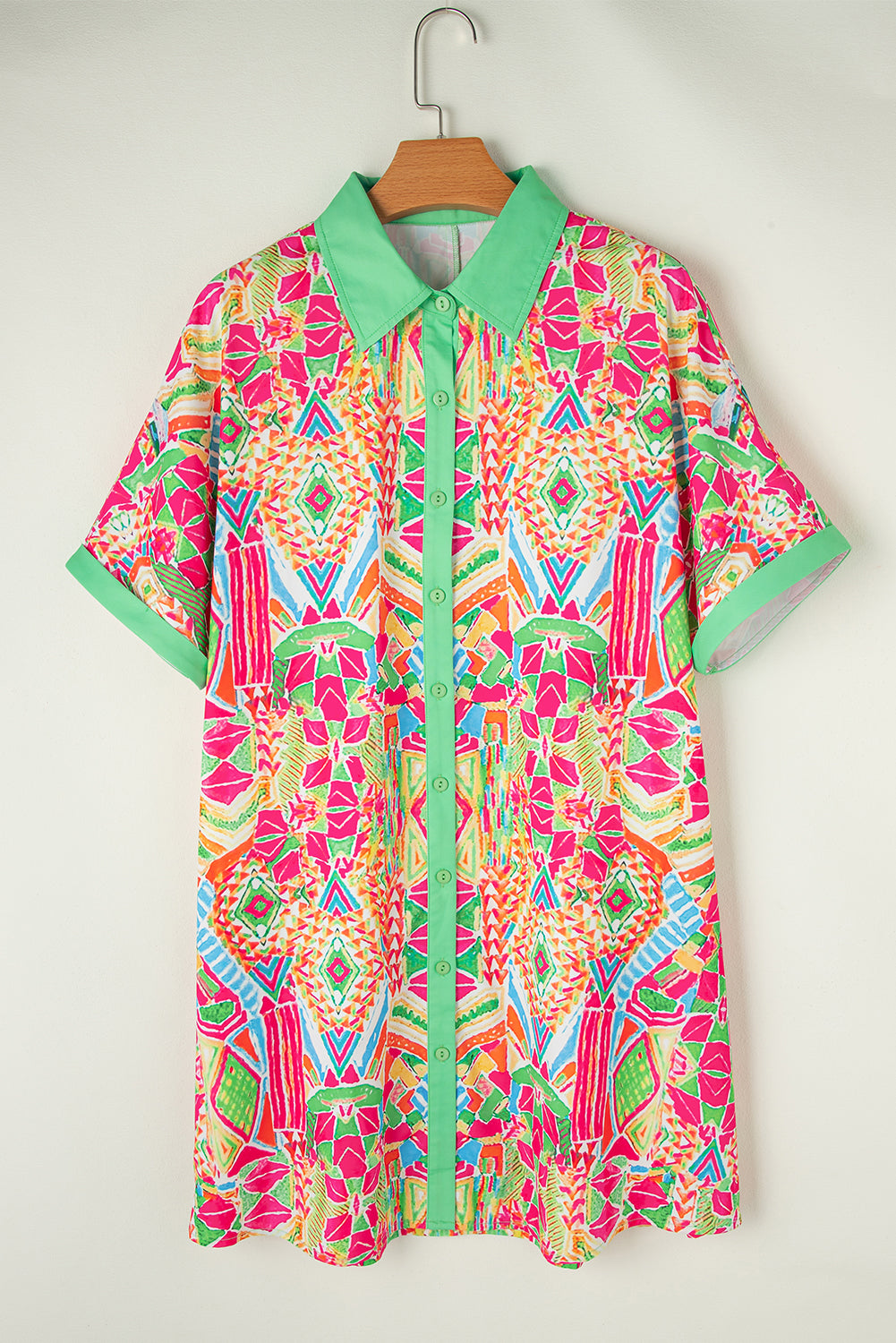 Geometric Print Contrast Trim Short Sleeve Shirt Dress