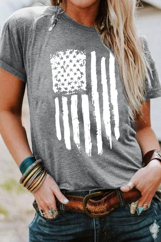 Gray Casual American Flag Graphic Crew Neck T Shirt