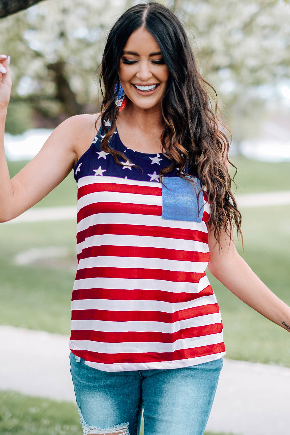 Casual American Flag Stars Stripes Pocket Racerback Tank Top