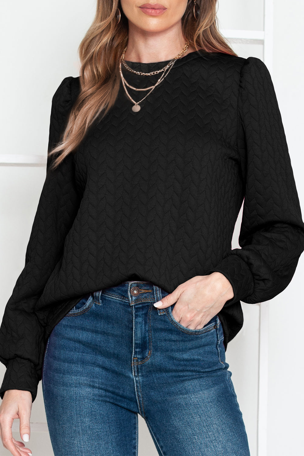 Rosy Waffle Quilted Puff Sleeve Sweatshirt