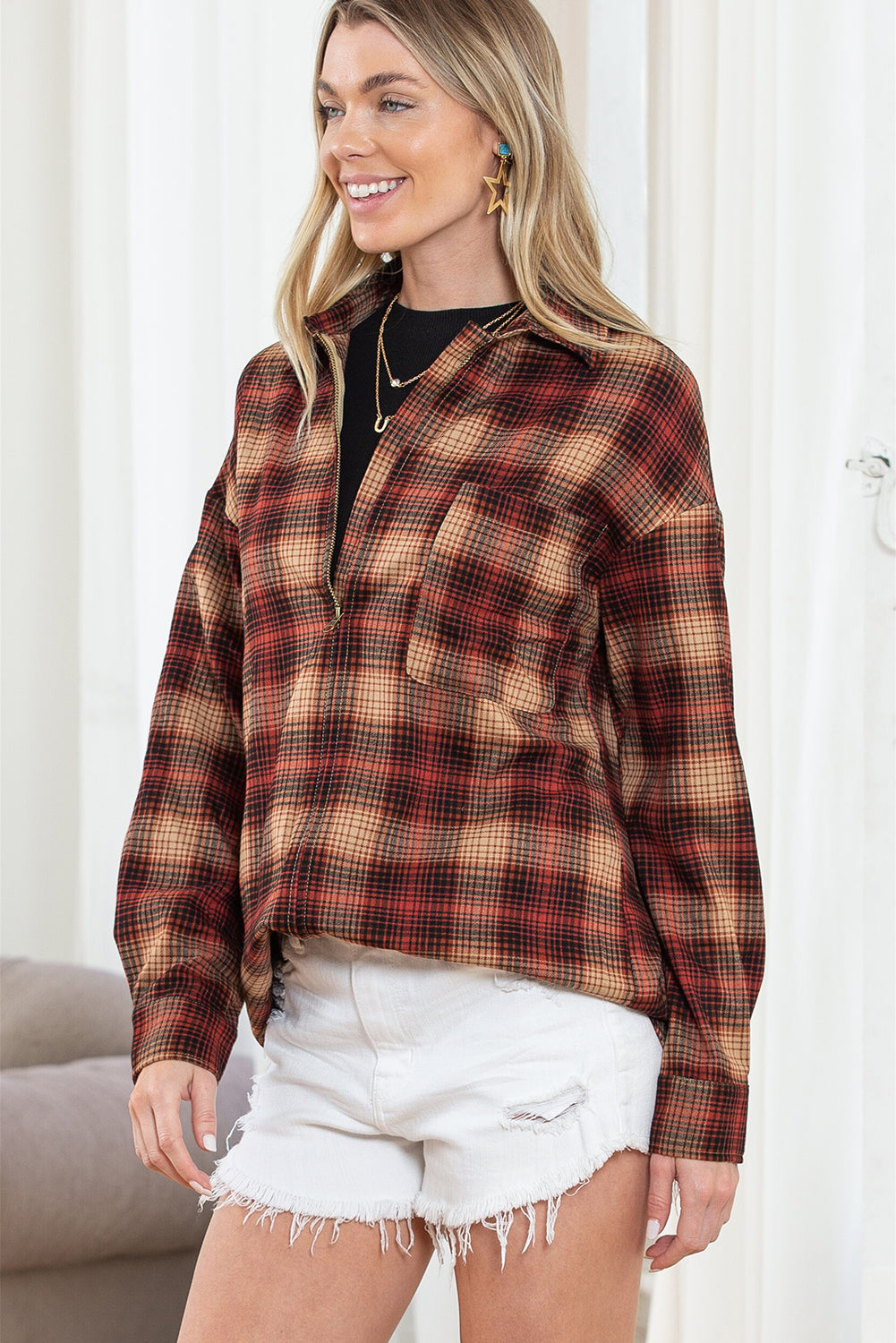 Fiery Red Plaid Print Chest Pocket Zip Up Shirt