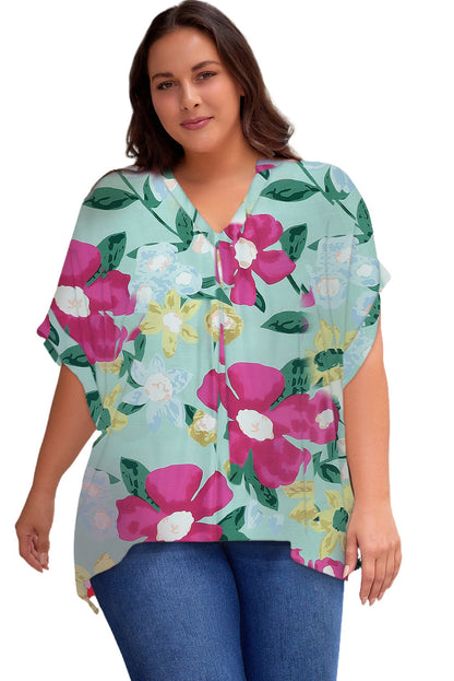 Multicolor Floral Print V Neck Half Sleeve Plus Size Blouse