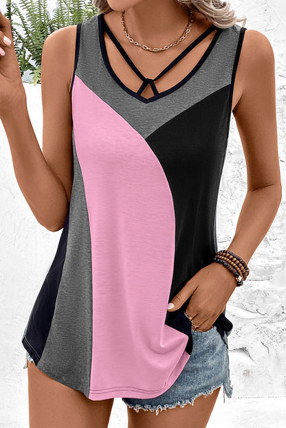 Cute Cross Criss Neck Colorblock Tank Top