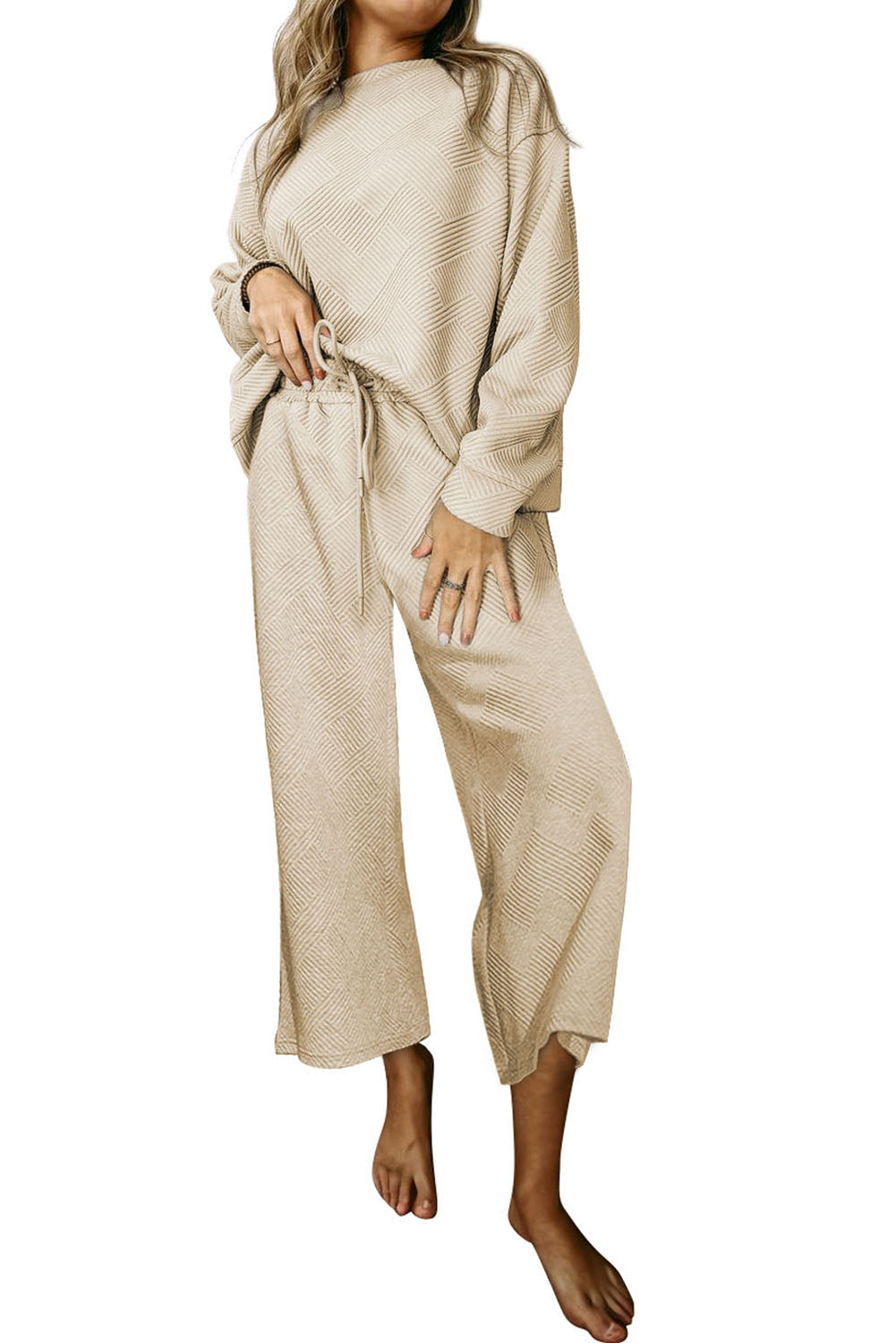 White Textured Loose Slouchy Long Sleeve Top and Pants Set