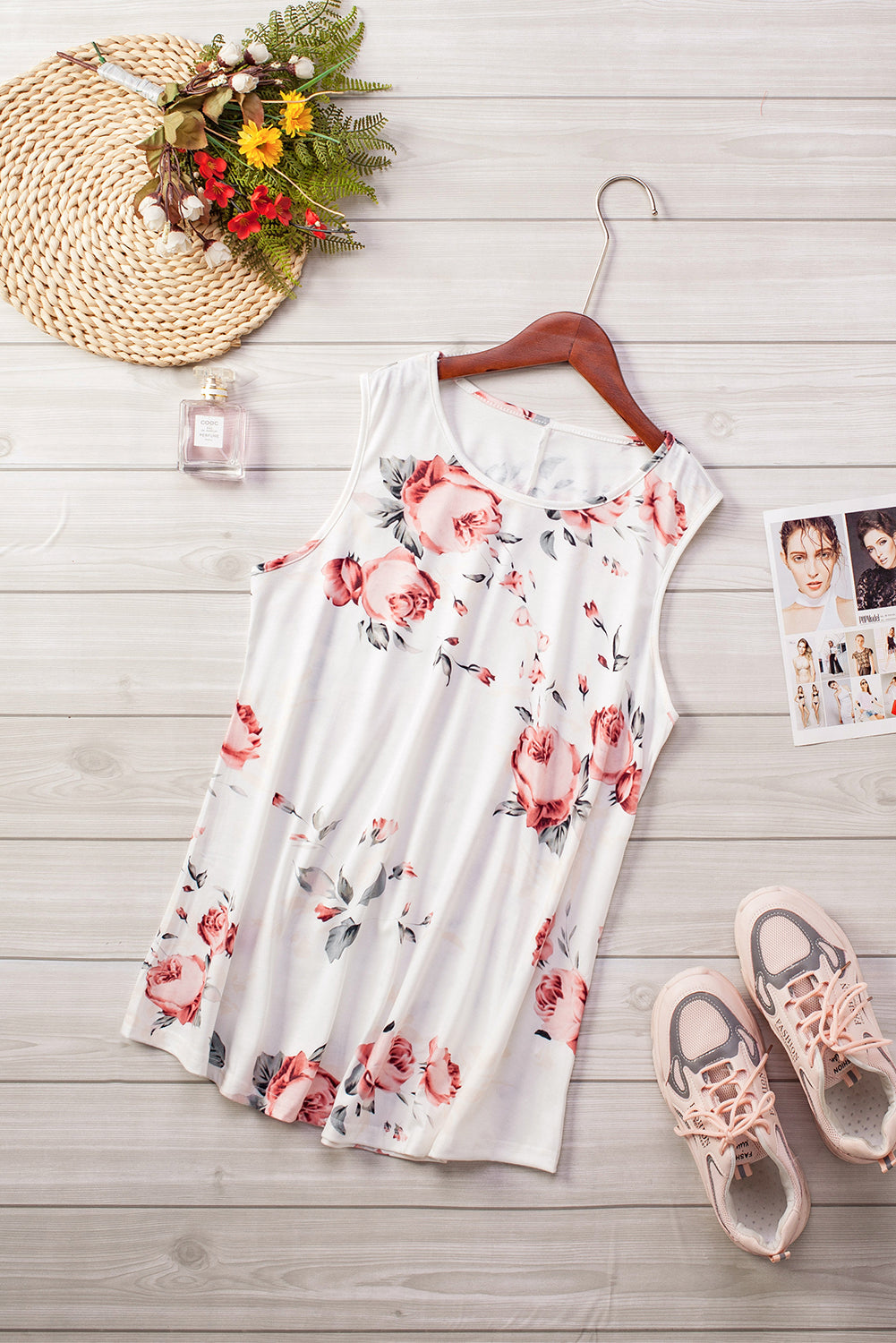 Floral Print Round Neck Casual Grey Tank Top