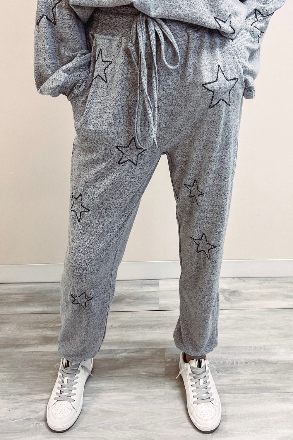 Gray Stars Print Long Sleeve Top and Drawstring Pants Set