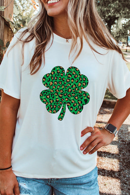 White Leopard Four Leaf Clover Graphic Round Neck Tee