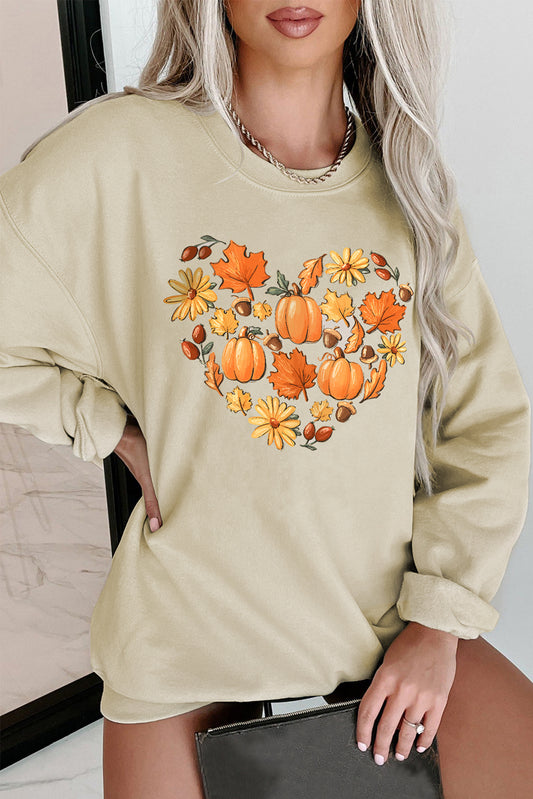 Khaki Autumn Things Heart-shaped Graphic Sweatshirt