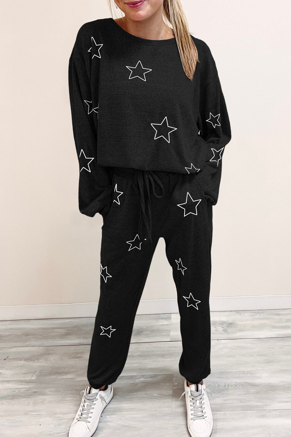 Gray Stars Print Long Sleeve Top and Drawstring Pants Set