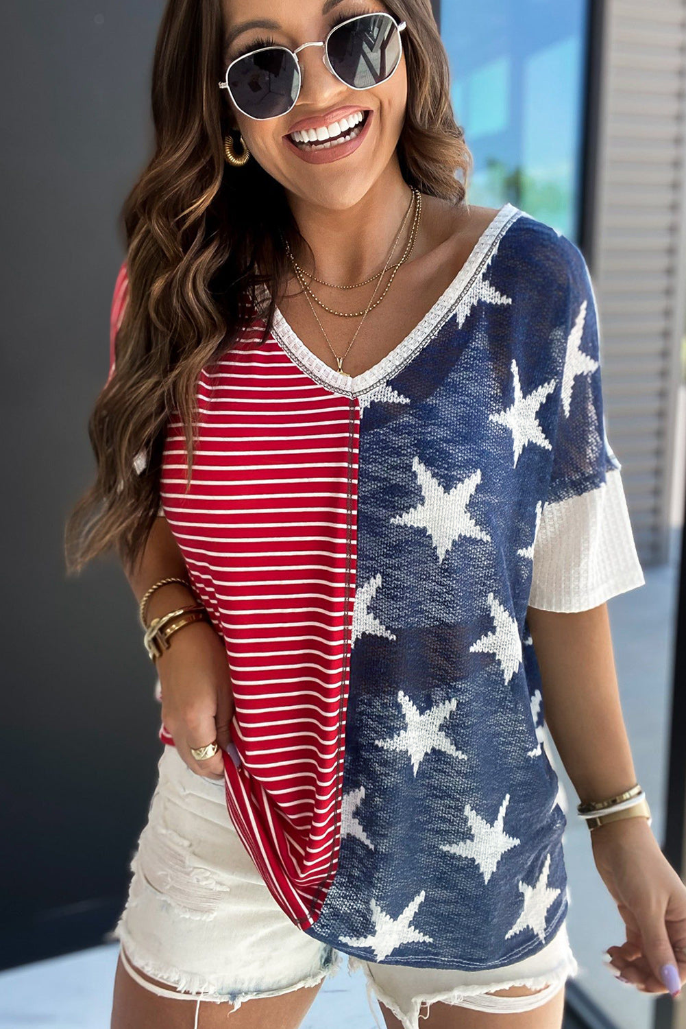 Multicolor Stripes Stars Print Knit Short Sleeve Top