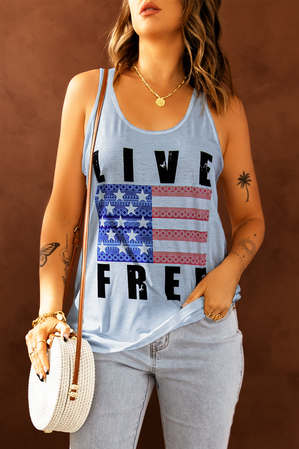 Light Blue Scoop Neck Graphic Tank Top for Women