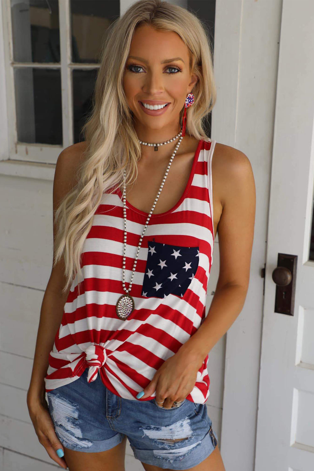 Red, White Stripes Sleeveless Racerback Tank