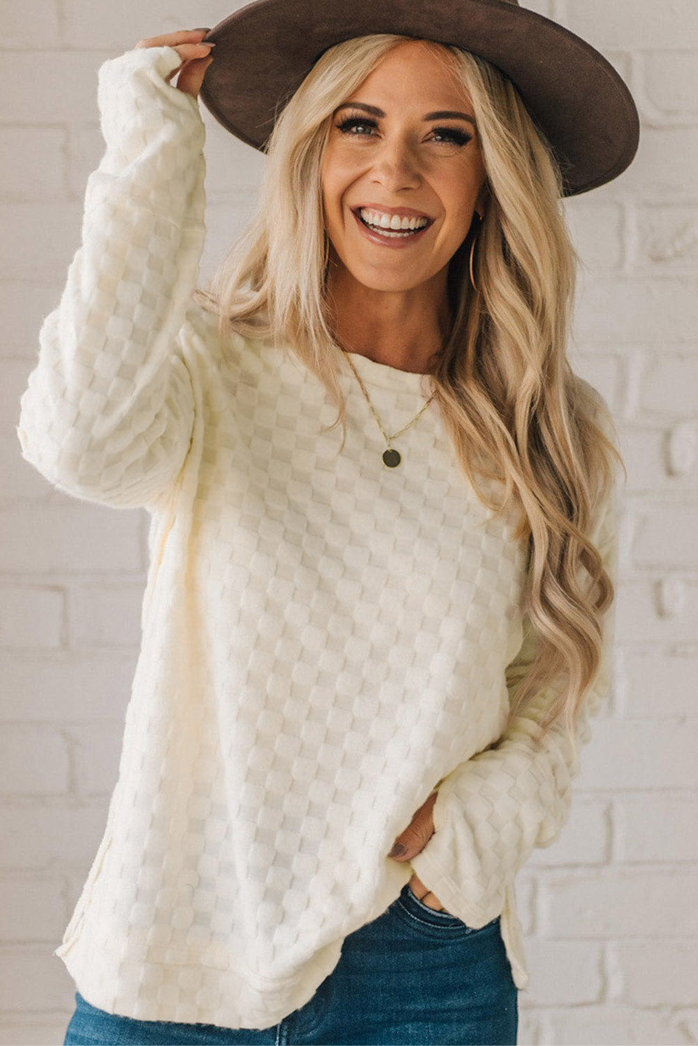 Checkered Furry Thumbhole Long Sleeve Top