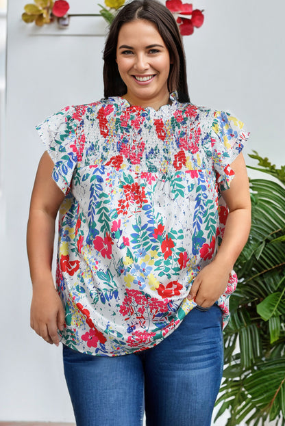 Plus Floral Print Ruffle Cap Sleeve V Neck Blouse