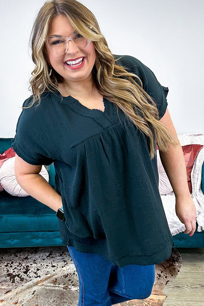 Plus Size Textured Short Sleeve Babydoll Blouse