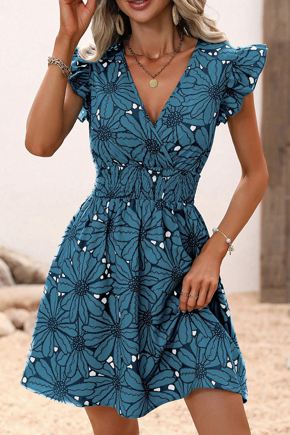 Real Teal Wrapped V Neck Floral Print Ruffle Short Sleeve Dress