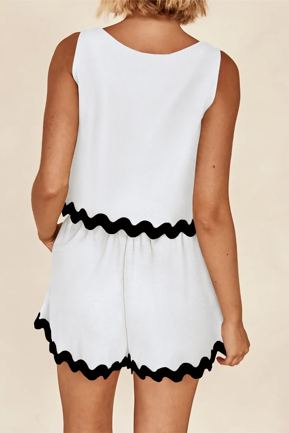 White Ricrac Applique Sleeveless Top and Pocketed Shorts Set