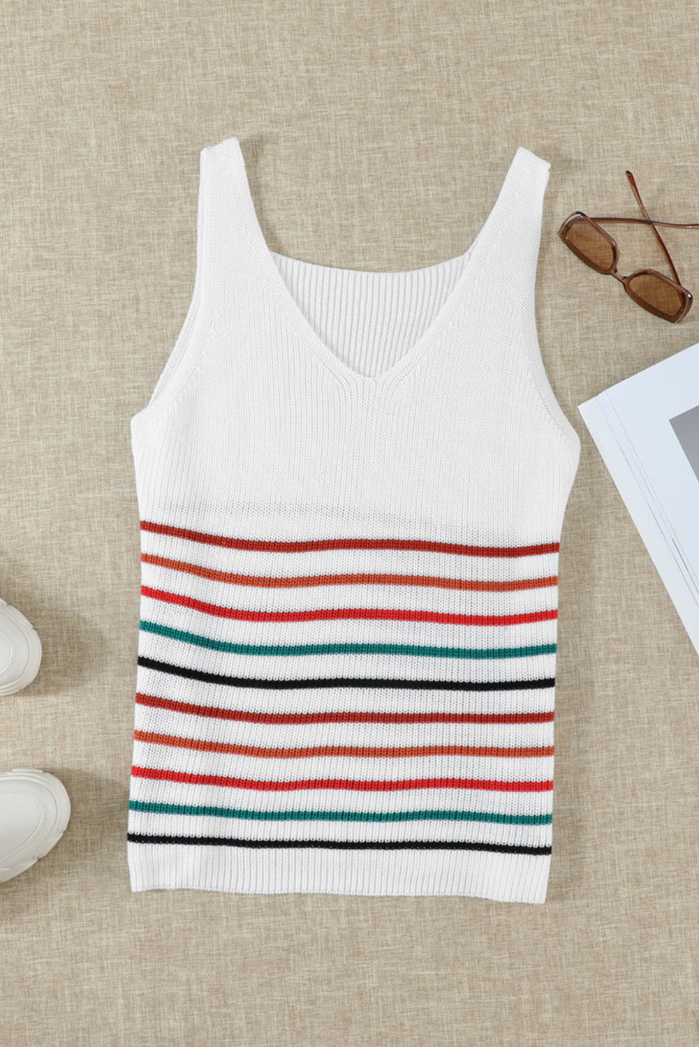 Multicolor Stripes White Knit Tank Top